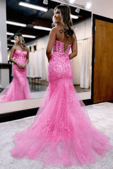 2025 Corset Pink Prom Dresses Mermaid Lace Long Beaded Formal Dresses Strapless MyChicDress